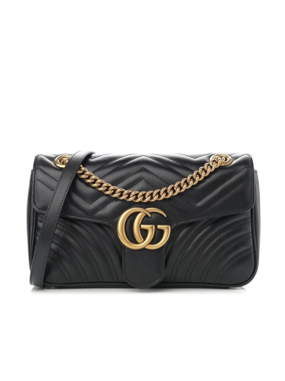 Gucci Calfskin Black Leather Matelasse Small GG Marmont Chain Shoulder Bag